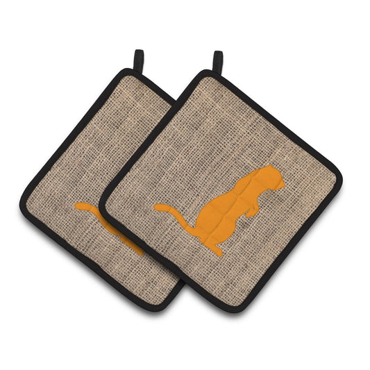 Carolines Treasures BB1118-BL-OR-PTHD Meerkat Faux Burlap and Orange Pair of Pot Holders , 7.5HX7.5W, multicolor