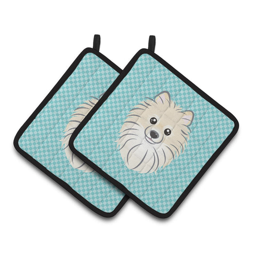 Carolines Treasures BB1145PTHD Checkerboard Blue Pomeranian Pair of Pot Holders , 7.5HX7.5W, multicolor