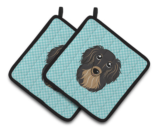 Checkerboard Blue Longhair Black and Tan Dachshund Pair of Pot Holders