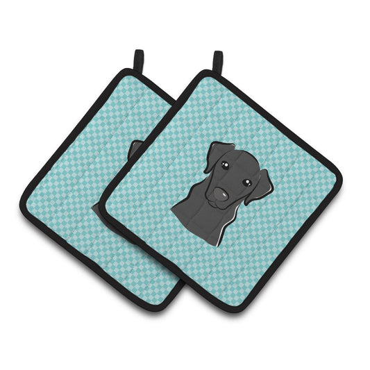 Checkerboard Blue Black Labrador Pair of Pot Holders
