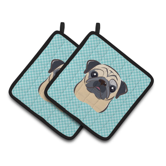 Carolines Treasures BB1200PTHD Checkerboard Blue Fawn Pug Pair of Pot Holders  7.5HX7.5W multicolor