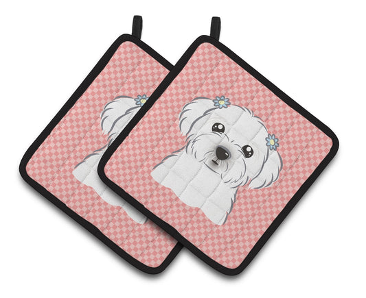 Checkerboard Pink Maltese Pair of Pot Holders