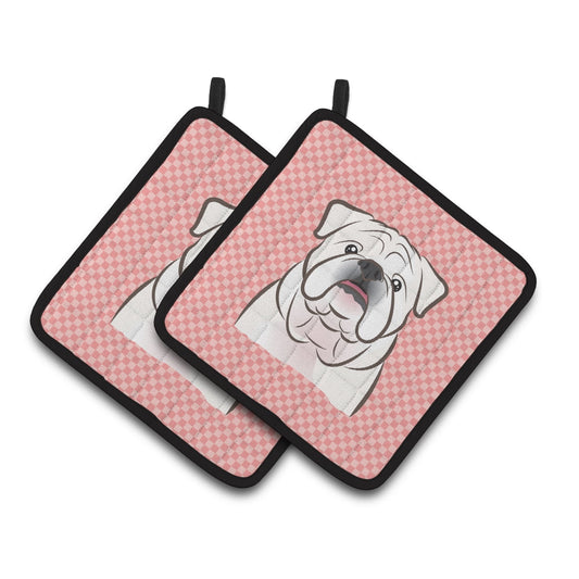 Carolines Treasures BB1220PTHD Checkerboard Pink White English Bulldog Pair of Pot Holders , 7.5HX7.5W, multicolor