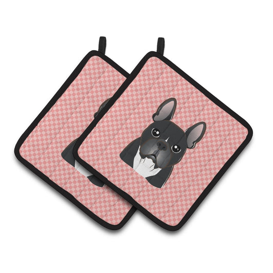Carolines Treasures BB1227PTHD Checkerboard Pink French Bulldog Pair of Pot Holders 7.5HX7.5W multicolor