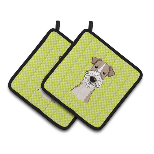 Carolines Treasures BB1309PTHD Checkerboard Lime Green Wire Haired Fox Terrier Pair of Pot Holders , 7.5HX7.5W,