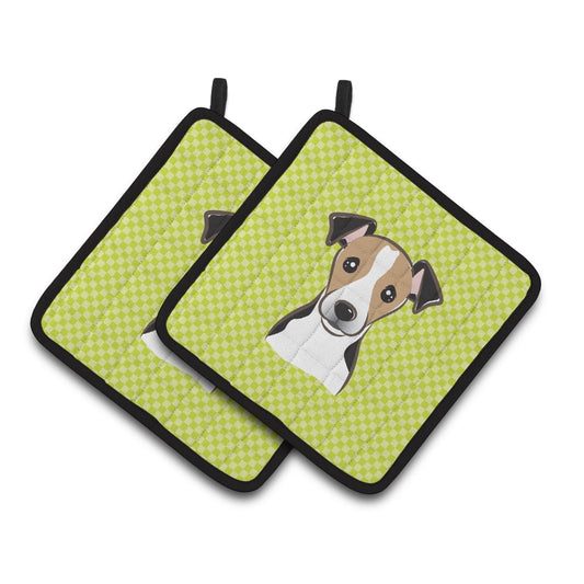 Carolines Treasures BB1323PTHD Checkerboard Lime Green Jack Russell Terrier Pair of Pot Holders  7.5HX7.5W multicolor
