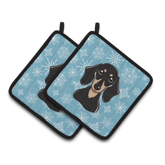 Snowflake Smooth Black and Tan Dachshund Pair of Pot Holders