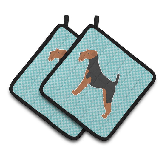 Carolines Treasures BB3685PTHD Welsh Terrier Checkerboard Blue Pair of Pot Holders , 7.5HX7.5W, multicolor