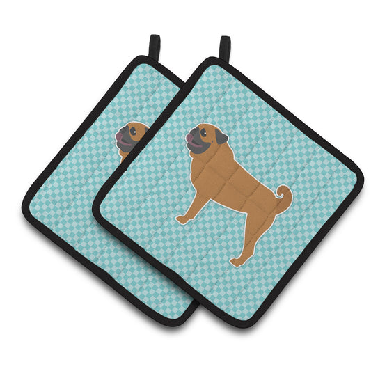 Carolines Treasures BB3747PTHD Pug Checkerboard Blue Pair of Pot Holders  7.5HX7.5W multicolor