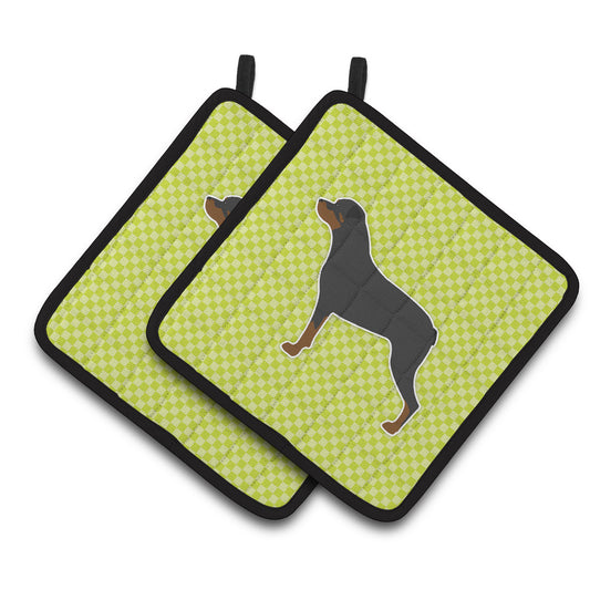 Rottweiler Checkerboard Green Pair of Pot Holders