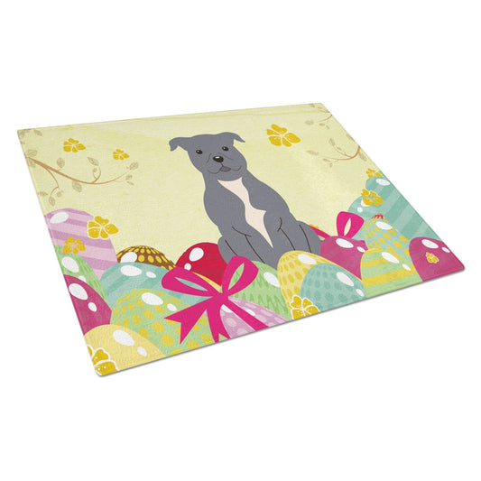 Carolines Treasures BB6046LCB Easter Eggs Staffordshire Bull Terrier Blue Glass Cutting Board Large, 12H x 16W,