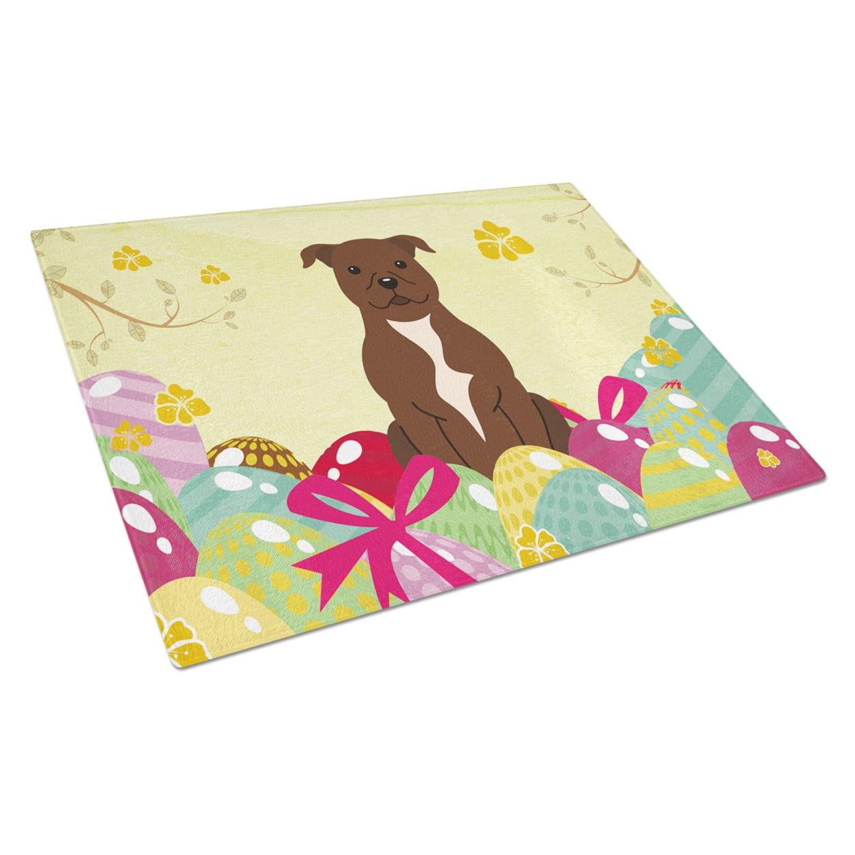 Carolines Treasures BB6048LCB Easter Eggs Staffordshire Bull Terrier Chocolate Glass Cutting Board Large, 12H x 16W,
