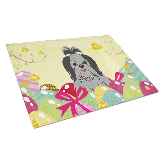 Carolines Treasures BB6089LCB Easter Eggs Shih Tzu Black Silver Glass Cutting Board Large, 12H x 16W, multicolor