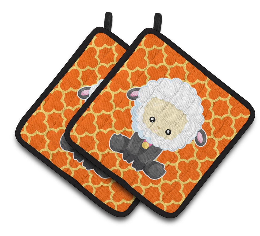 Sheep on Orange Quatrafoil Pair of Pot Holders
