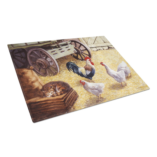 Rooster and Hens Chickens in the Barn Glass Cutting Board Large