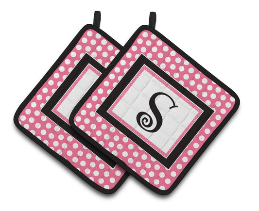 Letter S Monogram - Pink Black Polka Dots Pair of Pot Holders