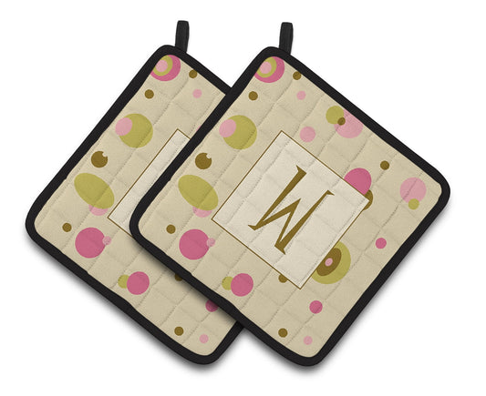 Letter W Initial Monogram - Tan Dots Pair of Pot Holders