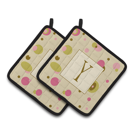 Letter Y Initial Monogram - Tan Dots Pair of Pot Holders