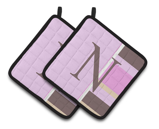 Carolines Treasures CJ1005-NPTHD Letter N Initial Monogram - Pink Stripes Pair of Pot Holders, 7.5HX7.5W, multicolor