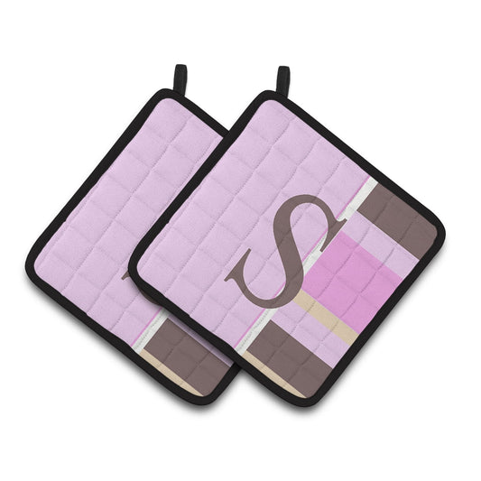 Letter S Initial Monogram - Pink Stripes Pair of Pot Holders