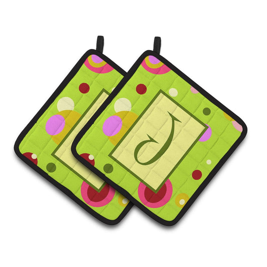 Carolines Treasures CJ1010-JPTHD Letter J Monogram - Lime Green Pair of Pot Holders, 7.5HX7.5W, multicolor