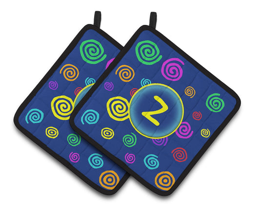 Caroline's Treasures Holders Letter Z Initial Monogram - Blue Swirls Pair of Pot Holders, Polyester Fabric, 7.5 X 7.5 inch