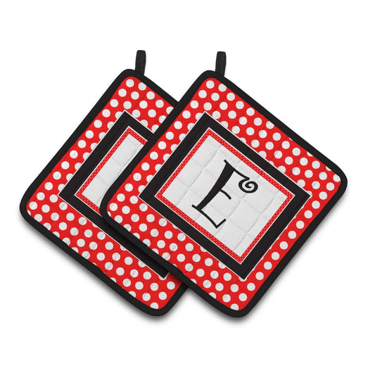 Letter E Initial Monogram Red Black Polka Dots Pair of Pot Holders