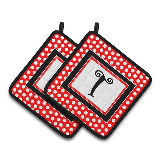 Carolines Treasures CJ1012-TPTHD Letter T Initial - Red Black Polka Dots Pair of Pot Holders, 7.5HX7.5W, multicolor