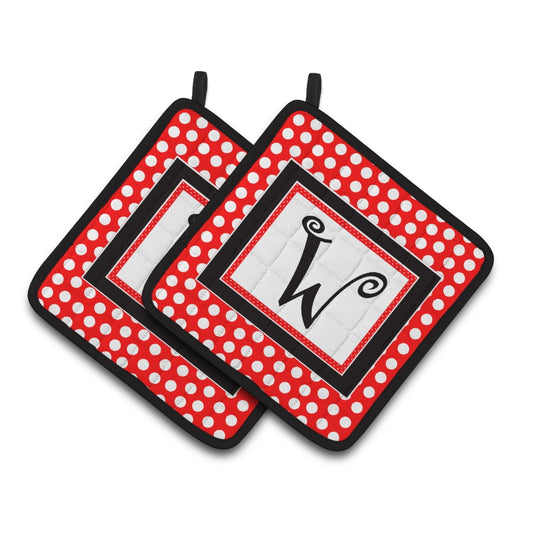 Carolines Treasures CJ1012-WPTHD Letter W Initial - Red Black Polka Dots Pair of Pot Holders, 7.5HX7.5W, multicolor