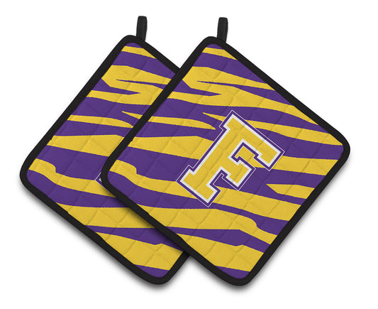 Letter F Monogram - Tiger Stripe - Purple Gold Pair of Pot Holders
