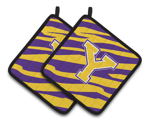 Carolines Treasures CJ1022-YPTHD Letter Y Monogram - Tiger Stripe - Purple Gold Pair of Pot Holders, 7.5 x 3 x 7.5 in.