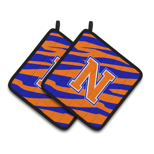 Carolines Treasures CJ1023-NPTHD Letter N Initial Tiger Stripe - Blue Orange Pair of Pot Holders, 7.5HX7.5W, multicolor