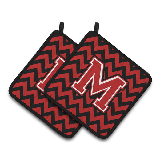 Carolines Treasures CJ1047-MPTHD Letter M Chevron Black and Red Pair of Pot Holders, 7.5HX7.5W, multicolor