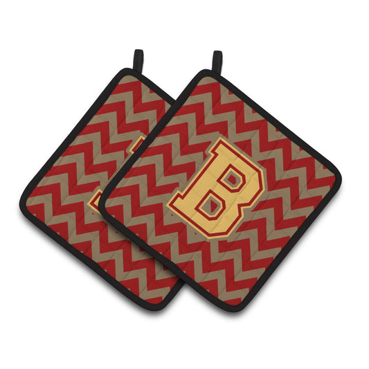 Carolines Treasures CJ1048-BPTHD Letter B Chevron Garnet and Gold Pair of Pot Holders, 7.5HX7.5W, multicolor