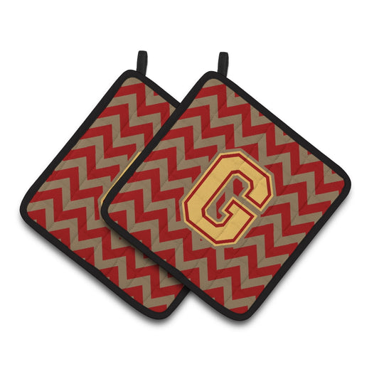 Letter G Chevron Garnet and Gold Pair of Pot Holders