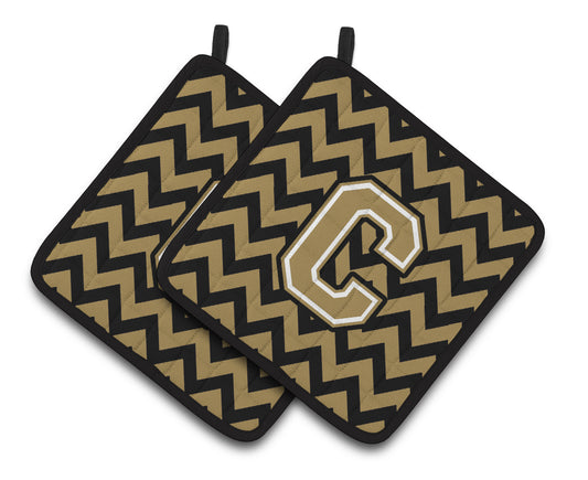 Letter C Chevron Black and Gold Pair of Pot Holders
