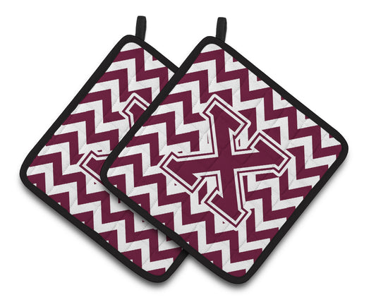 Letter X Chevron Maroon and White Pair of Pot Holders