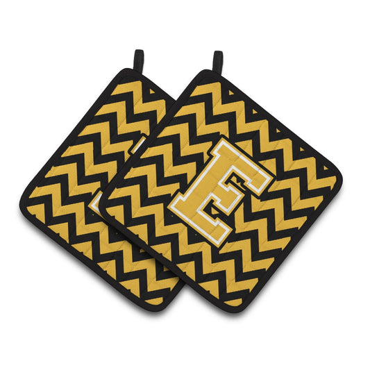 Carolines Treasures CJ1053-EPTHD Letter E Chevron Black and Gold Pair of Pot Holders, 7.5HX7.5W, multicolor