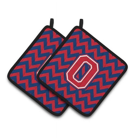 Letter O Chevron Yale Blue and Crimson Pair of Pot Holders