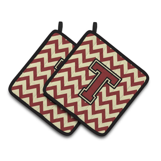 Letter T Chevron Maroon and Gold Pair of Pot Holders