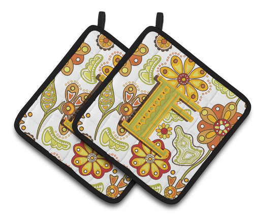 Carolines Treasures CJ2003-EPTHD Letter E Floral Mustard & Green Pair of Pot Holders, 7.5 x 3 x 7.5 in.