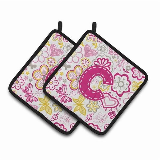 Carolines Treasures CJ2005-CPTHD Letter C Flowers & Butterflies Pink Pair of Pot Holders, 7.5 x 3 x 7.5 in.