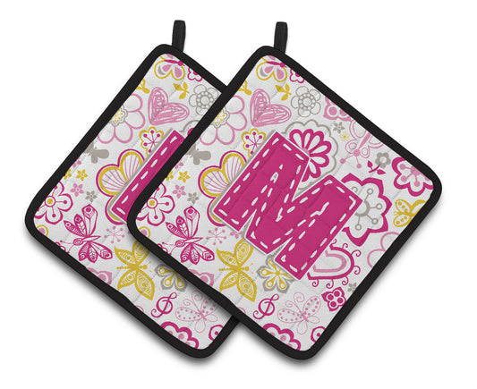 Letter M Flowers and Butterflies Pink Pair of Pot Holders