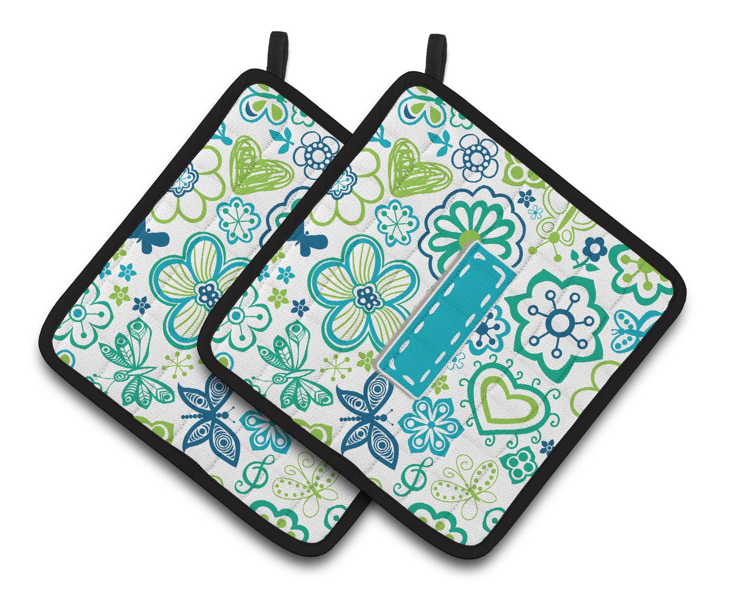 Letter I Flowers and Butterflies Teal Blue Pair of Pot Holders