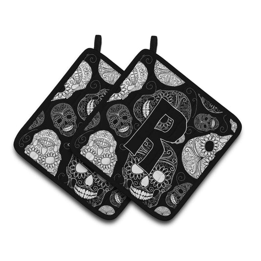 Carolines Treasures CJ2008-RPTHD Letter R Day of the Dead Skulls Black Pair of Pot Holders, 7.5HX7.5W, multicolor