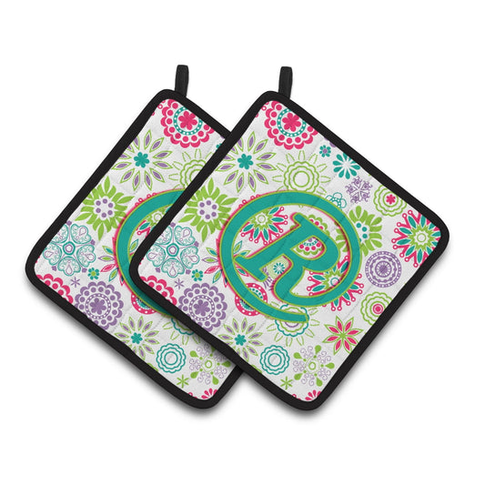 Carolines Treasures CJ2011-RPTHD Letter R Flowers Pink Teal Green Initial Pair of Pot Holders, 7.5HX7.5W, multicolor