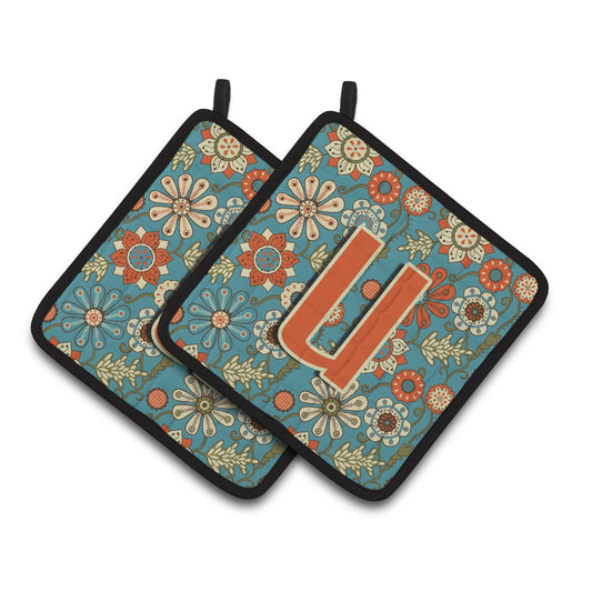 Carolines Treasures CJ2012-UPTHD Letter U Flowers Retro Blue Pair of Pot Holders, 7.5HX7.5W, multicolor