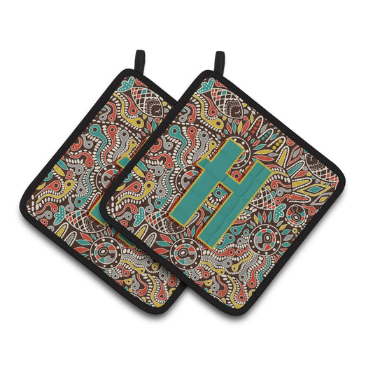 Letter H Retro Tribal Alphabet Initial Pair of Pot Holders