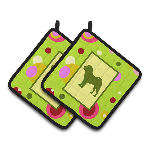 Lime Green Dots Shar Pei Pair of Pot Holders