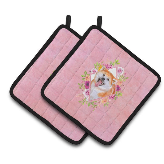 Akita Pink Flowers Pair of Pot Holders
